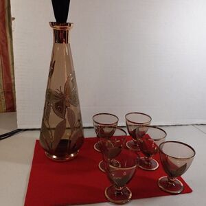 Vintage Amber Glass Decanter and 6 Cordial Glasses